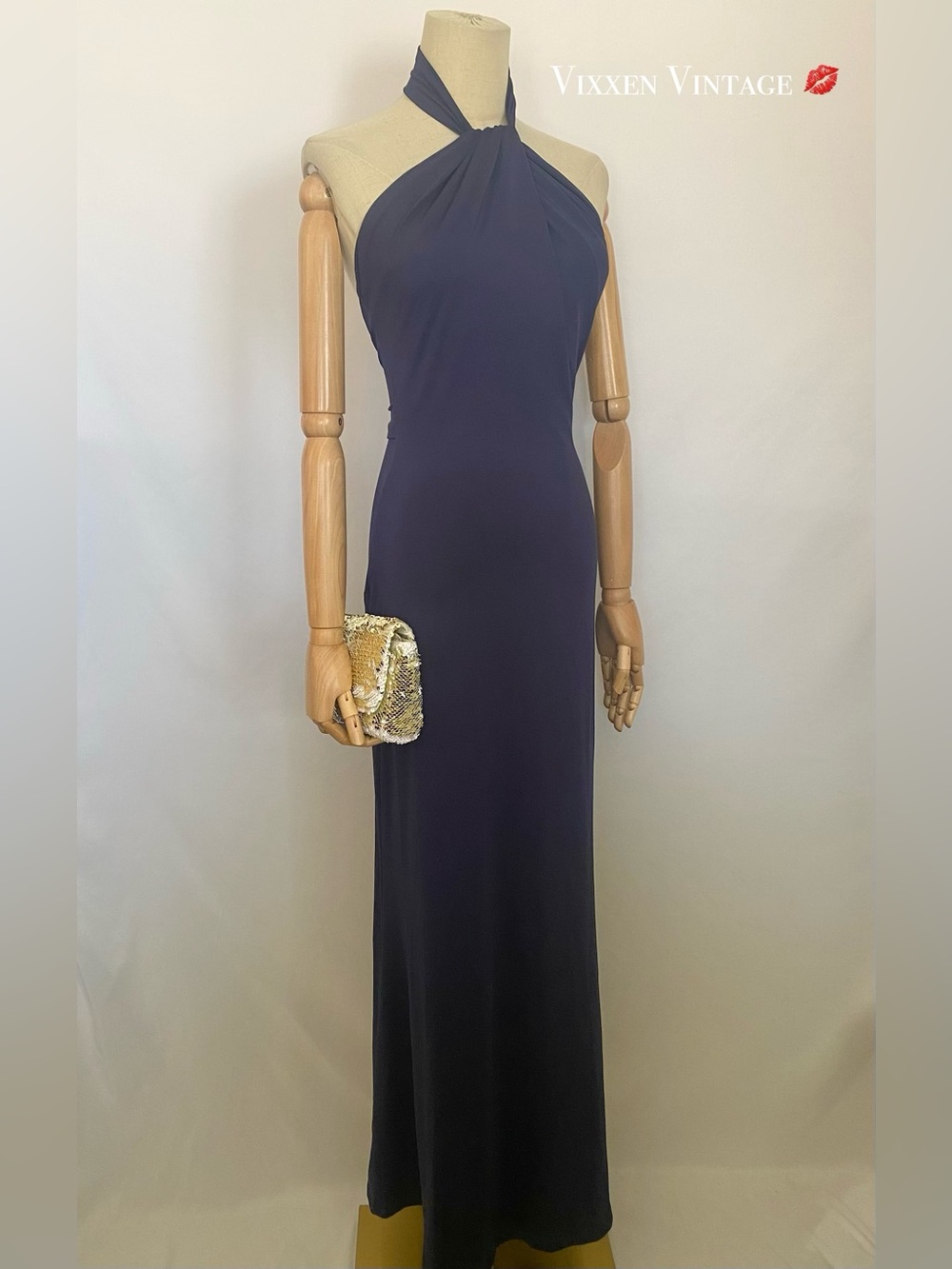 BACKLESS HALTER MOCK NECK COLUMN GOWN IN NAVY
